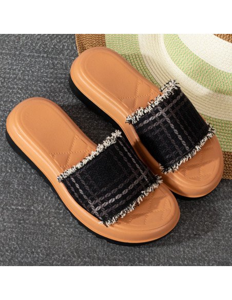 Mayoreo sandalias para dama de diseño texturizado en LHESH - ID 43518 negra