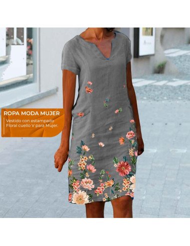 Moda plus vestido con estampado floral para dama al mayoreo ofrece LHESH - ID 43585 gris