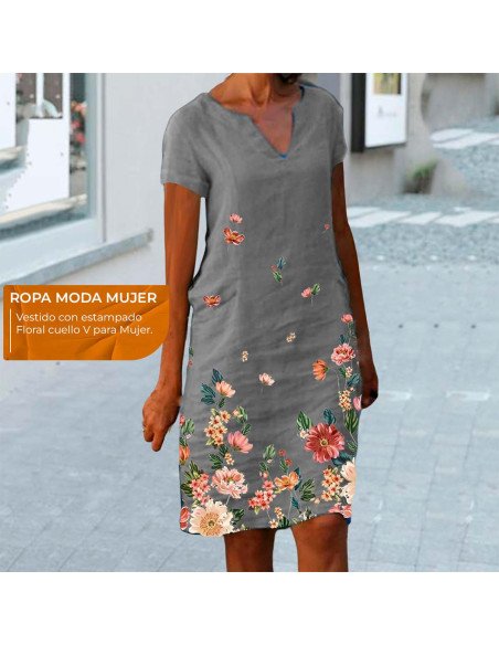 Moda plus vestido con estampado floral para dama al mayoreo ofrece LHESH - ID 43585 gris