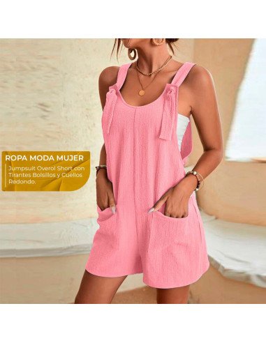 Moda plus jumpsuit overol corto con tirantes para dama al mayoreo ofrece LHESH - ID 43621 rosa